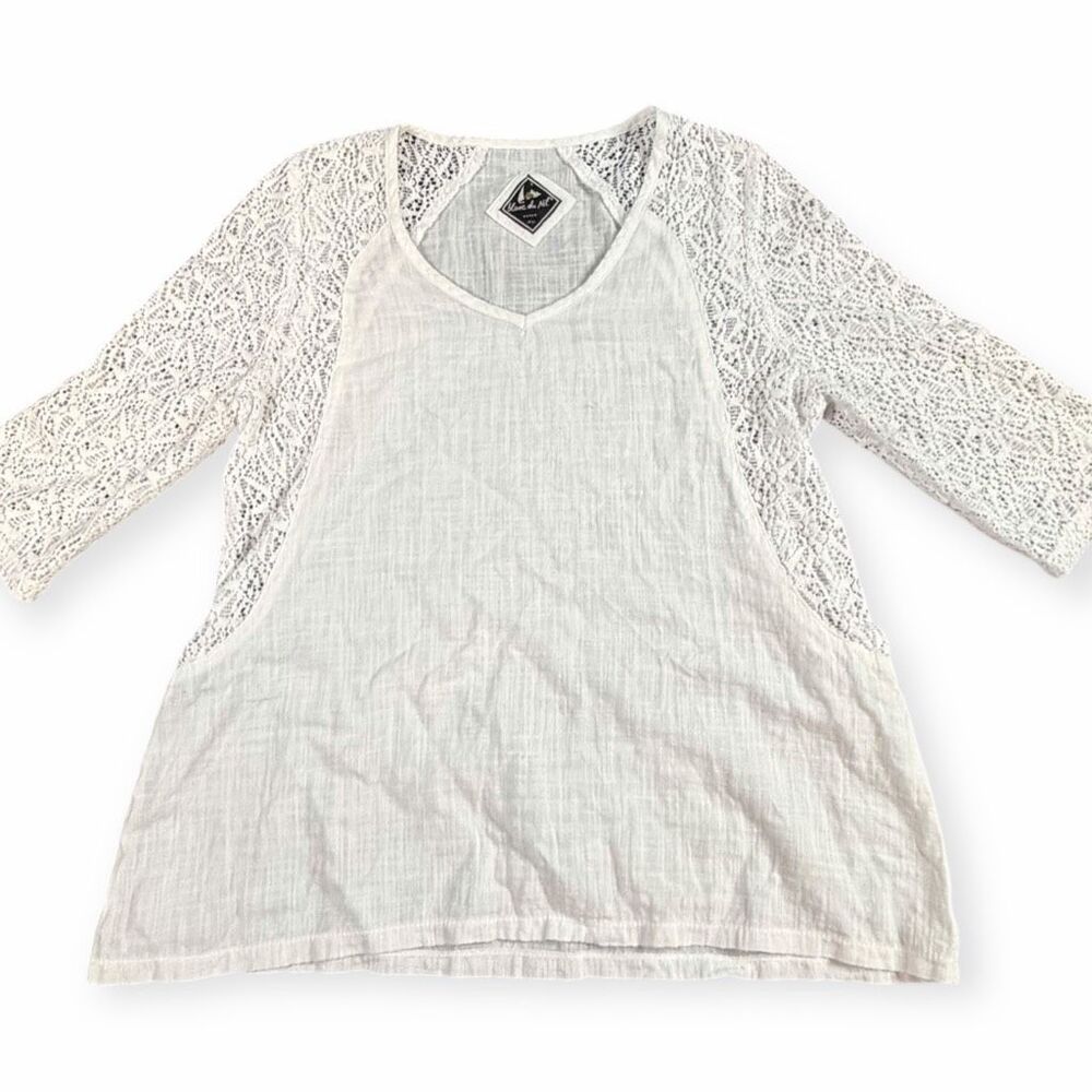 BLANC DU NIL Women’s White Lace Raglan Sleeve Linen Blend Top Size XS